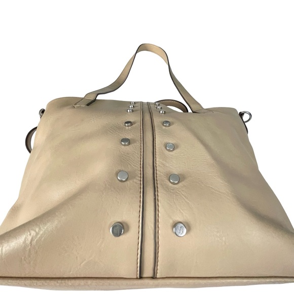 Nicole Miller Beige Studded Double Handle Faux Leather Shoulder Bag Satchel - Picture 4 of 11